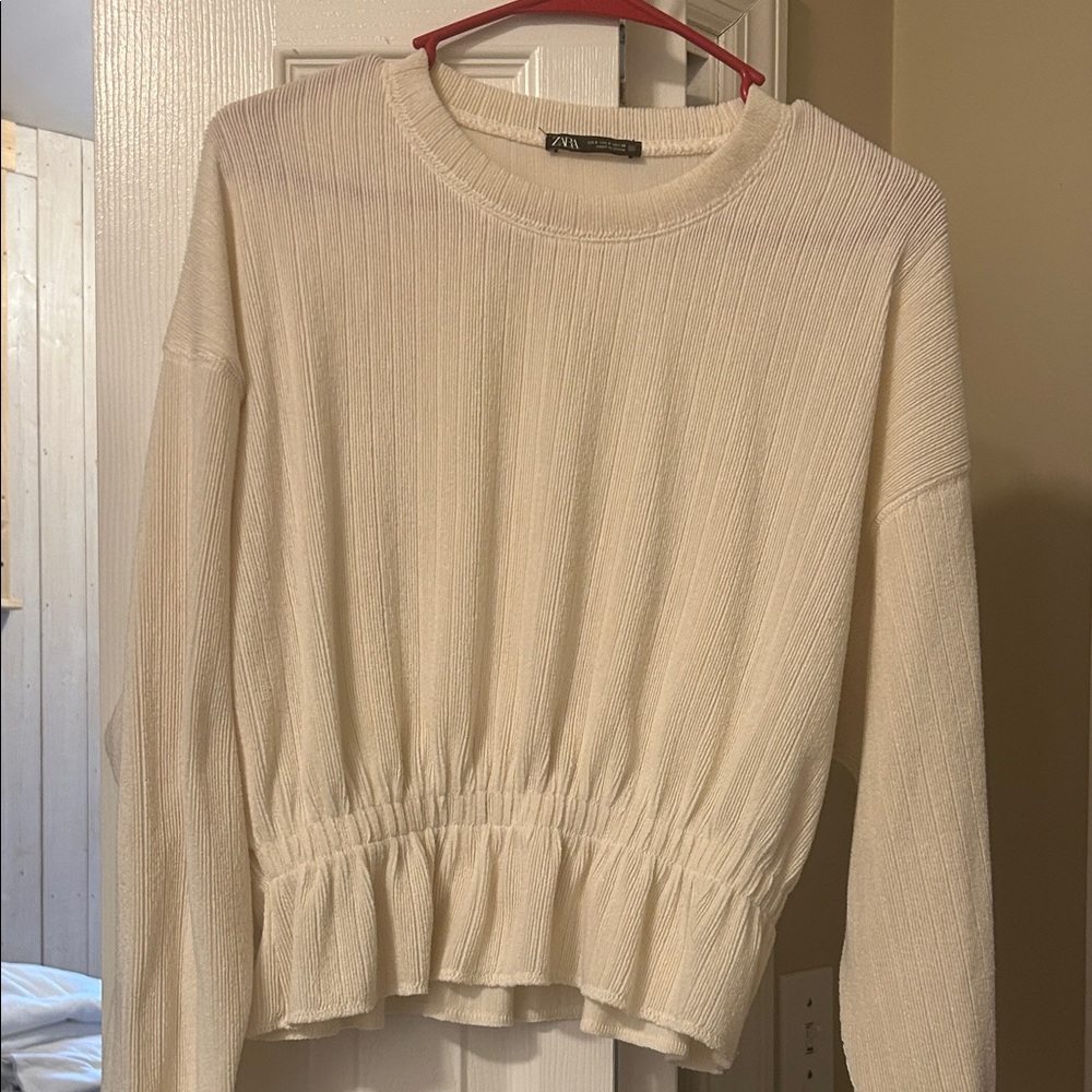 Zara Cream Ribbed Drawstring Hem Sweater